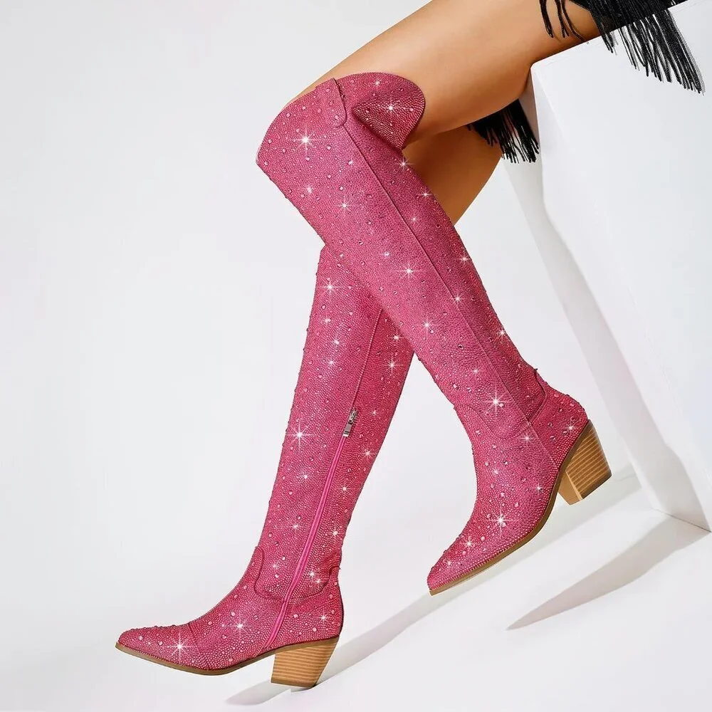Women Hot-pink Faux Leather Sparkly Bling Rhinestone Over the Knee Cowboy Boots